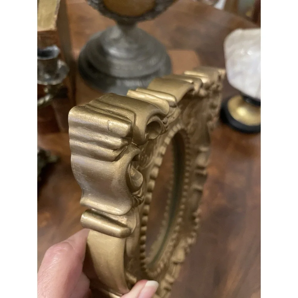 Vtg Ornate Gold Hollywood Regency Scroll Etched Design Resin Wall Mirror 7.5x9